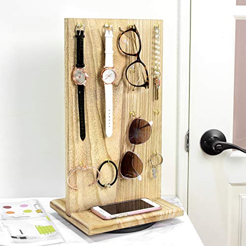 Ikee Design Wooden Rotating Two-Sided Jewelry Display Stand, Rotating Organizer with 32 Hooks for Store, Earring Keychain Display with Hooks, Oak color, 9" W x 7.5" D x 16.5" H - color: Oak, 2 Pieces, Standard Hook