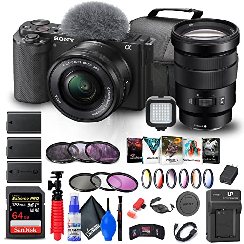 Sony ZV-E10 Mirrorless Camera with 16-50mm Lens (Black) (ILCZV-E10L/B) + Sony 18-105mm Lens + 64GB Memory Card + Color Filter Kit + Filter Kit + Photo Software + Bag + More (Renewed)