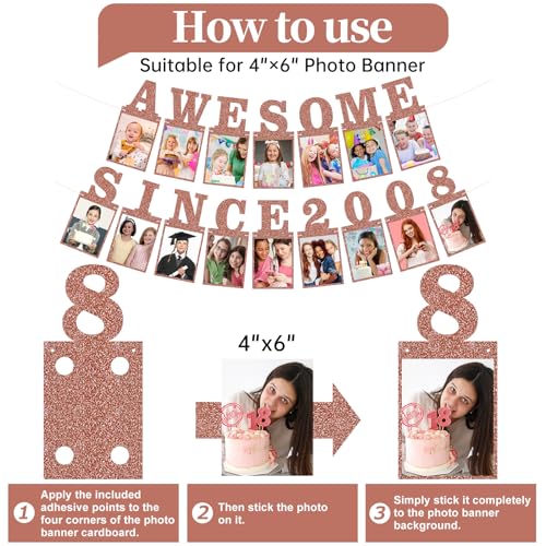 Pre-strung Awesome Since 2008 Photo Banner Birthday Decorations for Girls Women- Pink Rose Gold Glitter Happy 18th Birthday and Anniversary Decorations Party Supplies - style: Pink Rose Gold 18th