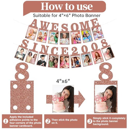 Pre-strung Awesome Since 2008 Photo Banner Birthday Decorations for Girls Women- Pink Rose Gold Glitter Happy 18th Birthday and Anniversary Decorations Party Supplies - style: Pink Rose Gold 18th