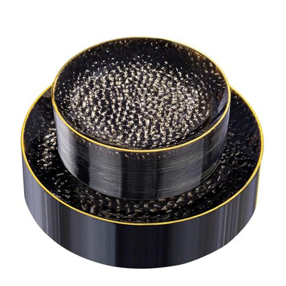 Rubtlamp 60Pcs Black Plastic Plates, Black Disposable Plates With Gold Rim, Clear Heavy-duty Party Plates, Hammered Plastic plates Include 30 Dessert Platos, 30 Dinner Platos for Party - color: Clear Black Gold
