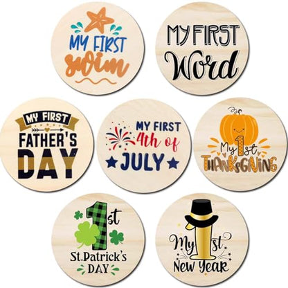 My First Holiday Milestone Cards Sign, Double Sided Newborn Photo Props Pregnancy Journey Baby Shower My First Holiday Anniversary Milestone Wooden Discs - color: Baby First Holidays