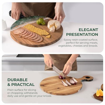 Acacia Wood Serving Board with Ocean Resin Art, 14.6" x 10.2" Charcuterie Cheese Tray for Display & Prep, Cutting Board on Back, Includes Stand & Loofah, Christmas Housewarming Gift (Round) - color: Round Cutting Board, size: 14.6" x 10.2" x 0.7"