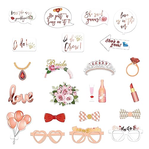 Wedding Photo Booth Props, Bachelorette Party Decorations, Engagement Party Decorations in Rose Gold, Pink with Glitter 23 pcs Pre-Assembled Funny Props