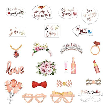 Wedding Photo Booth Props, Bachelorette Party Decorations, Engagement Party Decorations in Rose Gold, Pink with Glitter 23 pcs Pre-Assembled Funny Props