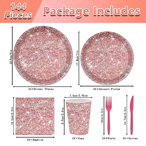 144PCS Pink Rose Gold Plates and Napkins Rose Gold Birthday Party Supplies Pink Rose Gold Party Tableware Set Pink Glitter Paper Plates Napkins Cups Forks Knives Birthday Baby Shower Decor Serve 24 - style: Pink