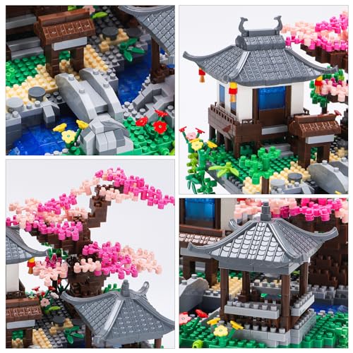 CAXIMSY Cherry Blossom Bonsai Tree Building Block Sets with Acrylic Display Box Chinese Architecture of Peach Blossom Micro Mini Building Set Toy Gift for Kids Adults（3320 Pieces） - style: Peach blossom pool with Acrylic Box