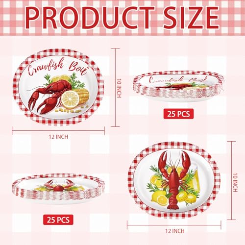 Grencian 50 Pcs Crawfish Boil Party Supplies 10” x 12” Lobster Boil Oval Paper Plates Large Disposable Crawfish Red Gingham Tableware Set for Baby Shower BBQ Summer Picnic Barbecue Cookout Carnival - style: 50Pcs Crawfish Oval Plates