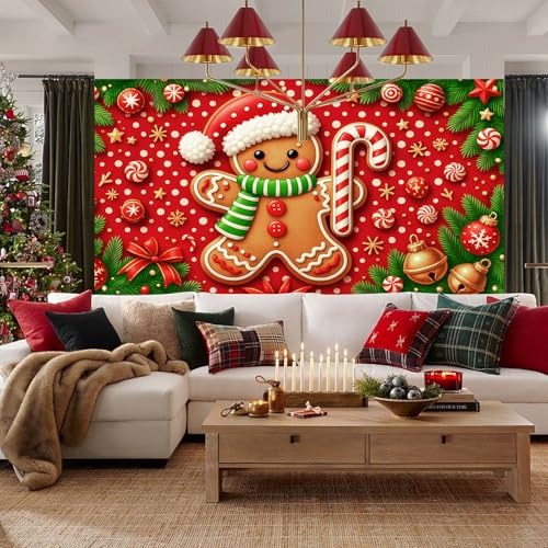 HOMETITUTE Christmas Garage Door Cover 13x6ft Gingerbread Man Banner Candy Cane Bells Stars Holiday Backdrop Red White Dot Background Gift Boxes Green Pine Branches Outdoor Indoor Seasonal - color: Garage Banner#8
