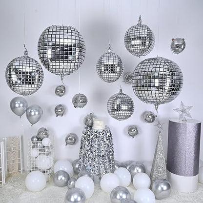 HILAVO 22 Inch Large 4D Metallic Silver Disco Ball Balloon with Explosion Star Foil Balloons for 70s 80s 90s Themed Party, Birthday, New Year, Graduation - color: Disco Ball Star