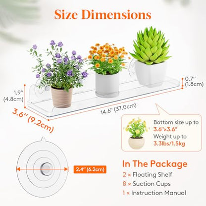 Lifewit Window Plant Floating Shelves 14.6x3.6, 2 Pack Acrylic Suction Cup Shelf, Window Sill Extender for Indoor Succulent Plants, Micro Greens, Seed Starter Pots, Herb Planters 37 x 9 cm/14.6x3.6