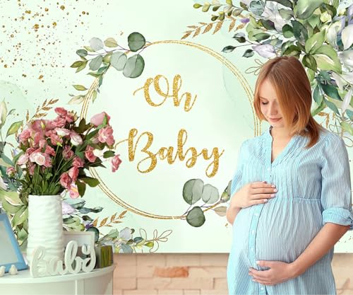Sensfun Sage Green Baby Shower Backdrop Neutral Baby Shower Decorations Greenery Eucalyptus Gold Oh Baby Banner Photography Background for Boy Girl Gender Reveal Party Supplies Photo Booth Props 5x3ft - size: 5X3ft