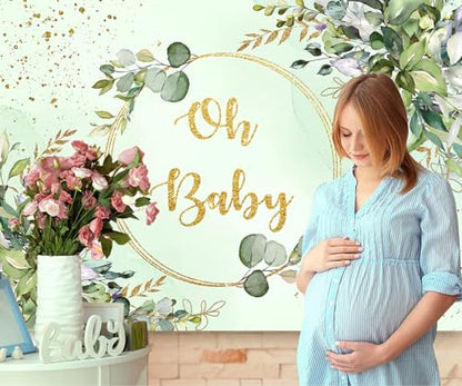 Sensfun Sage Green Baby Shower Backdrop Neutral Baby Shower Decorations Greenery Eucalyptus Gold Oh Baby Banner Photography Background for Boy Girl Gender Reveal Party Photo Booth Supplies 10x6.5ft - size: 10X6.5ft