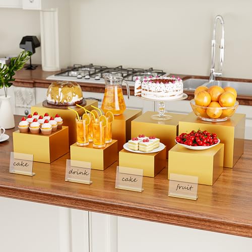 Metal Buffet Risers,4PCS Food Risers for Buffet Table 5in to 8in Display Stand with Mini Acrylic Signs for Catering Dessert Collectibles Jewelry Figures Show Gold Cube Boxes Nesting Risers with Hollow Bottoms - color: Gold, size: Regular(5IN to 8IN)