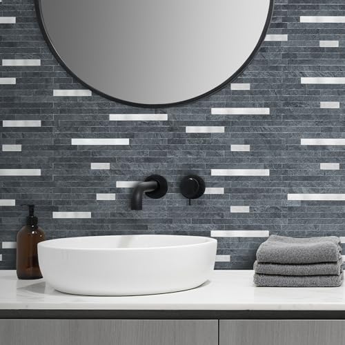 AULIGET 2 Sheets Black Slate Peel and Stick Backsplash, PVC Mixed Metal Silver Wall Tile Stick on Backsplash for Kitchen and Bathroom - color: Black Slate + Metal Silver, size: 2 Sheets, 6"x12"x0.12"