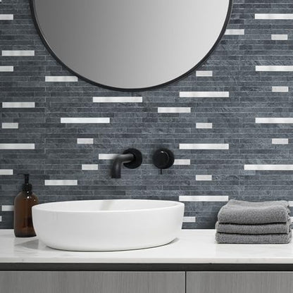 AULIGET 2 Sheets Black Slate Peel and Stick Backsplash, PVC Mixed Metal Silver Wall Tile Stick on Backsplash for Kitchen and Bathroom - color: Black Slate + Metal Silver, size: 2 Sheets, 6"x12"x0.12"