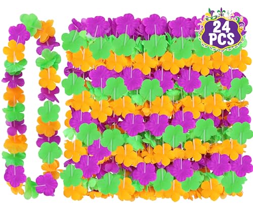 Mardi Gras Leis Accessories, 24PCS Purple Gold Green Silk Flower Leis, Carnival Leis Costume Necklace Decorations Bulk, Mardi Gras Flower Leis Hawaiian Luau Beach Pool Parade Party Favors Accessories - color: Mardi Gras 24pcs