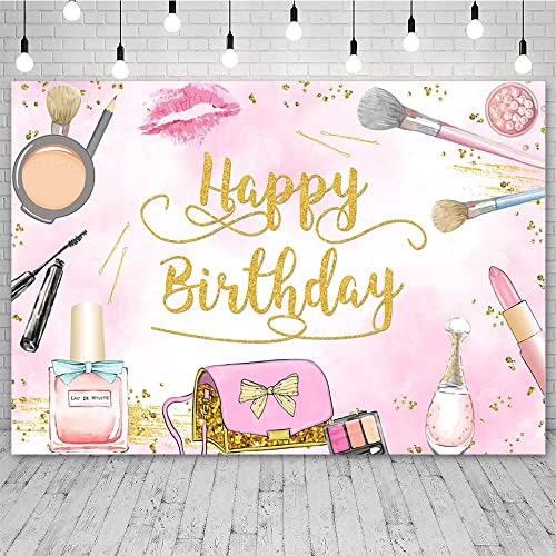 Sendy 7x5ft Makeup Happy Birthday Backdrop for Girl Pink Makeup Spa Glamour Cosmetics Photography Background Adult Women Makeup Birthday Party Decorations Banner Photo Booth Props