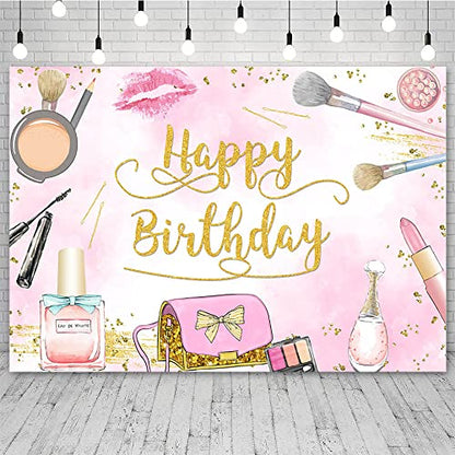 Sendy 7x5ft Makeup Happy Birthday Backdrop for Girl Pink Makeup Spa Glamour Cosmetics Photography Background Adult Women Makeup Birthday Party Decorations Banner Photo Booth Props