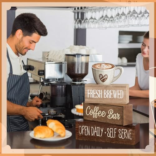 Moucuny 4 Pcs Farmhouse Coffee Bar Signs Decor Wooden Cup Rise & Shine It's Coffee Time Rustic Wood Cafe Sign Gift for Home Kitchen Tabletop Decor - style: Coffee Bar Coffee Bar