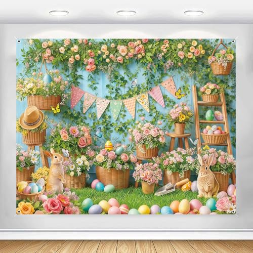 Spring Easter Backdrop 10x8ft Garden Floral Bunny Eggs Rusitc Blue Wood Wall Background Green Plants Flower Rabbit Banner Tapestry Kids Party Decorations Fabric Polyester - color: Easter-4, size: 10x8ft