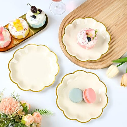 AimFun Beige Party Plates Cream Dessert Paper Plates 7inch Gold Foil Scalloped Edge Disposable Cake Plates for Tea Party Birthday Bridal Baby Shower Wedding Party Supplies (48, Beige) - color: Beige