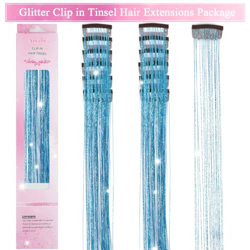 Hair Tinsel Clip in 12 Pcs Glitter Tinsel Hair Extensions 20 Inch Fairy Hair Clip in Hair Tinsel Heat Resistant Sparkly Hair Accessories for Girls Women Kids (Sky Blue) - color: Sky Blue
