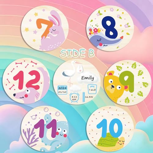 Wooden Baby Monthly Milestone Cards with Birth Announcement Sign Newborn Anniversary Cards Photography Props Baby Shower Gifts for Boys and Girls (Baby Milestone Cards) - color: Monthly Milestone Cards