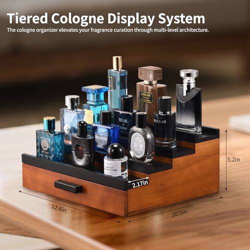 Perfume Organizer for Men, 4 Tier Wood Perfume Display Stand with Velvet Lining Drawer and Hidden Compartment for Watch,Jewelry,Perfume Display Risers,A Gift for Men (Black+Walnut) - style: 4 Tier - BlackWalnut