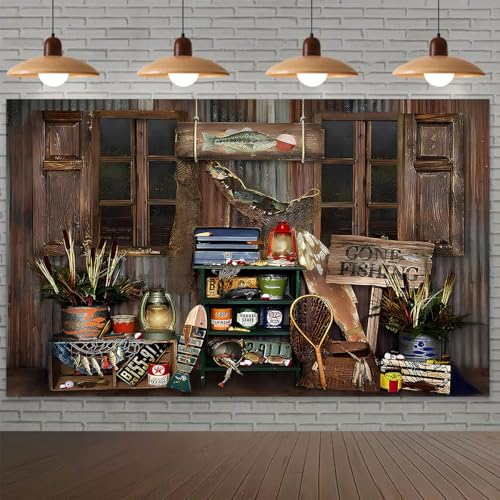 Rustic Wood Gone Fishing Photography Backdrop Gone Fishing Boy Girl Birthday Party Decoration Background Brown Wood Board Child Portrait Backdrop Baby Shower Dessert Cake Table Banner (8X6FT) - size: 8X6FT