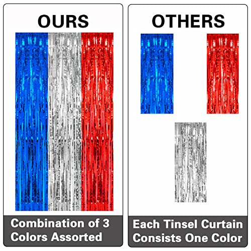 PIGETALE, 2 Pack 3.2 x 8.2 ft Red White and Blue Foil Fringe Backdrop Curtain, Streamer Backdrop Tinsel Curtains Photo Booth Props for Graduation Birthday Memo - color: Blue, Silver and Red