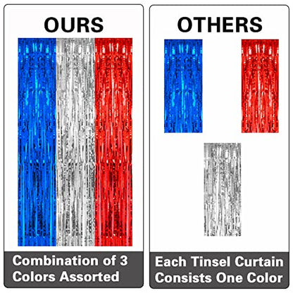 PIGETALE, 2 Pack 3.2 x 8.2 ft Red White and Blue Foil Fringe Backdrop Curtain, Streamer Backdrop Tinsel Curtains Photo Booth Props for Graduation Birthday Memo - color: Blue, Silver and Red