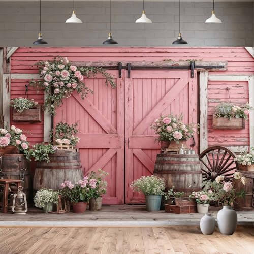 5x4ft Country Wedding Pink Photography Backdrop Rustic Wooden Barn Door Photography Backdrop Farmhouse Flower Western Girl Birthday Baby Shower Wedding Bridal Party Banner Photo Booth Props Background - color: Multi7, size: 5X4FT