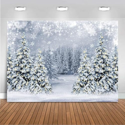 Mocsicka Winter Scene Backdrop Snowy Christmas Pine Tree Halo Spots Photography Background Blue Wonderland Snowflake Forest Party Holiday Photoshoot Props (White, 10x8ft) - color: white, size: 10x8ft