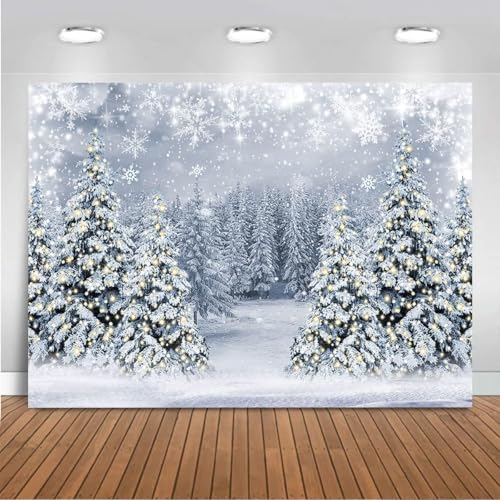 Mocsicka Winter Scene Backdrop Snowy Christmas Pine Tree Halo Spots Photography Background Blue Wonderland Snowflake Forest Party Holiday Photoshoot Props (White, 10x8ft) - color: white, size: 10x8ft