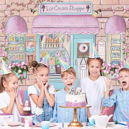 Yeele 5x3ft Pink Ice Cream Shop Vinyl Photography Background Summer Theme Flower Bricks Candy House for Kids Baby Boy Girl Shower Party Photo Backdrop Curtain Cake Table Banner Studio Props - size: 5x3ft
