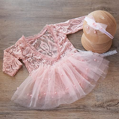 Zeroest Newborn Photography Outfits Girl Lace Romper Newborn Photography Props Rompers Baby Girls Skirt Photoshoot 3 PCS - color: Pink-long Sleeve