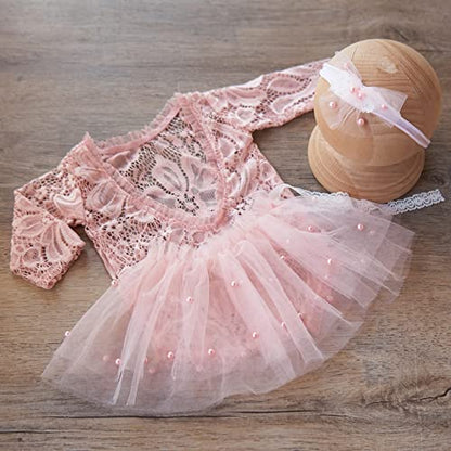 Zeroest Newborn Photography Outfits Girl Lace Romper Newborn Photography Props Rompers Baby Girls Skirt Photoshoot 3 PCS - color: Pink-long Sleeve