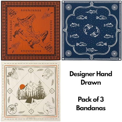 The Peacock Crew Premium Soft Cotton Bandanas Pack for Men and Women Paisley 22 x 22 inches - color: 3 Pack Hiker Western Fish