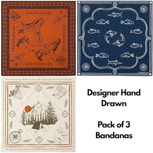 The Peacock Crew Premium Soft Cotton Bandanas Pack for Men and Women Paisley 22 x 22 inches - color: 3 Pack Hiker Western Fish