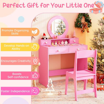 Costzon Kids Vanity, Princess Makeup Dressing Desk with Mirror and Stool, 4 Storage Drawers, Vanity Table and Chair Set for Little Girls (Pink) - style: Pink with Round Mirror