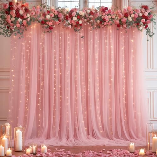 10x10ft Dusty Rose Tulle Backdrop Curtain with Lights String for Parites, Sheer Photo Backdrop Drapes for Wedding Baby Shower Bridal Shower Birthday Party Photo Shoot Background Decorations - color: Dusty Rose, size: 10ft x 10ft(2 Panels 5*10ft)