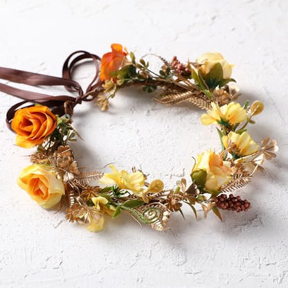 Fairy Rose Flower Crown - Golden Leaves Autumn Yellow Flower Headband Fashion Boho Bridal Floral Headpiece Women Girls Vacation Party Festival Photo Prop - color: Orange