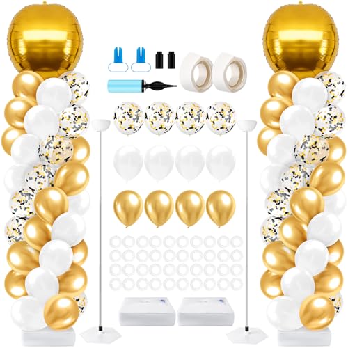 2 Sets Gold and White Graduation Balloon Column Stand Kit for Class of 2026, Adjustable Floor Balloon Arch Tower with Foil & Latex Balloons, DIY Decor for Grad Ceremony Backdrop - color: Gold and White