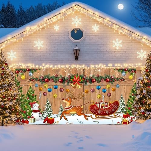 Rustic Christmas Garage Door Banner Cover Large Wood Texture Backdrop with Snowman Gifts Design Garage Door Decorative Banner Winter Indoor Outdoor Holiday Decor for House Party Wall Yard Background - color: A, size: 8X6