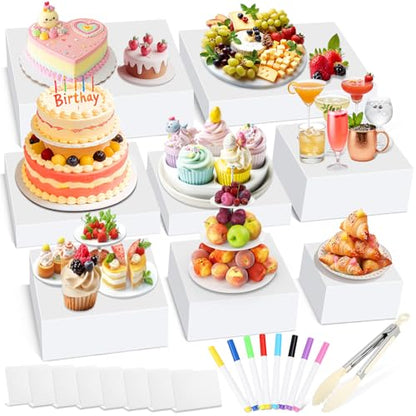 Billbotk 8 Pieces White Buffet Risers with Label Stands, Serving Tong and Markers for Party, Display Stands for Jewelry Display, Home Display, Table décor(12"/11"/ 10.5" /9.5"/ 8.5" /7.5" 6.8"/ 5")
