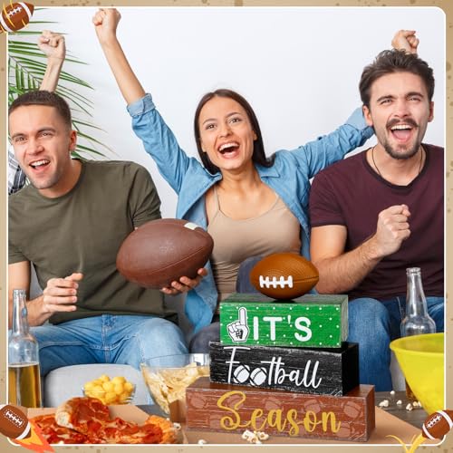 Geelin 4 Pcs Football Table Decorations Football Tiered Tray Decor Wooden Sign Centerpiece Decorative Faux Stack Book Block for Coffee Table Fireplace Mantel Floating Shelf - style: Football