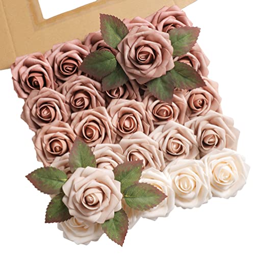 rongflower Artificial Roses Flowers 25pcs Morandi Peach Ombre Colors Foam Fake Roses with Stems for DIY Wedding Bouquets Bridal Shower Centerpieces Party Home Decorations - color: Shades of Dusty Rose