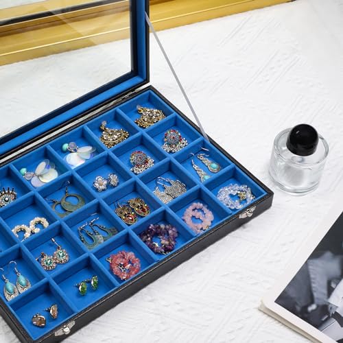 Stratalife Earring Organizer Jewelry Tray with See-through Lid Jewelry Holder Organizer Jewelry Organizer Box Jewelry Storage Crystal Holder Rock Collection Box 24 Grid (Blue Black) - color: Blue-Black, size: 24 Grid