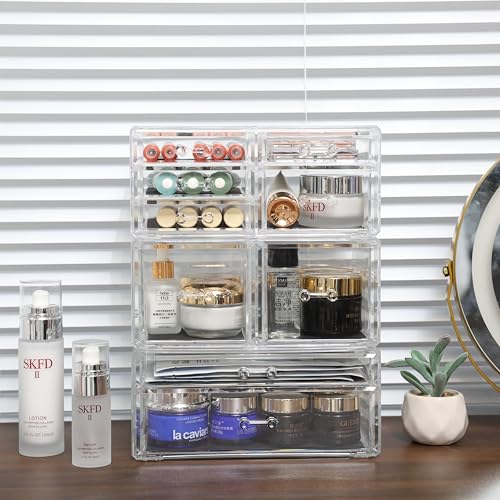 Cq acrylic Clear Stackable Storage Drawers,Plastic Makeup Organizer and Bathroom Storage Bins WIth 9 Drawers For Make up,Medicine,Craft,Pen,Beauty and Office Supply Organizer - size: Large 9 Drawers